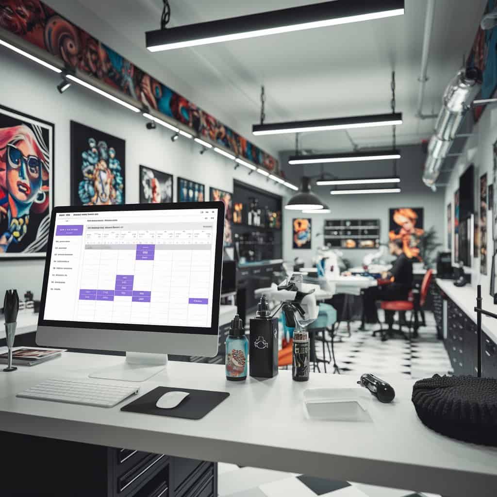 A modern tattoo shop with a clean, organized workspace and a computer displaying scheduling software.