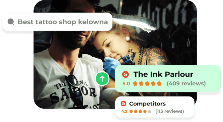 tattoo artist at work with reviews floating above