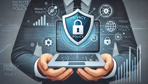 A modern and professional illustration of a secure website interface with a visible 'Privacy Policy' link, featuring a shield and lock icon to symbolize data protection and trust.