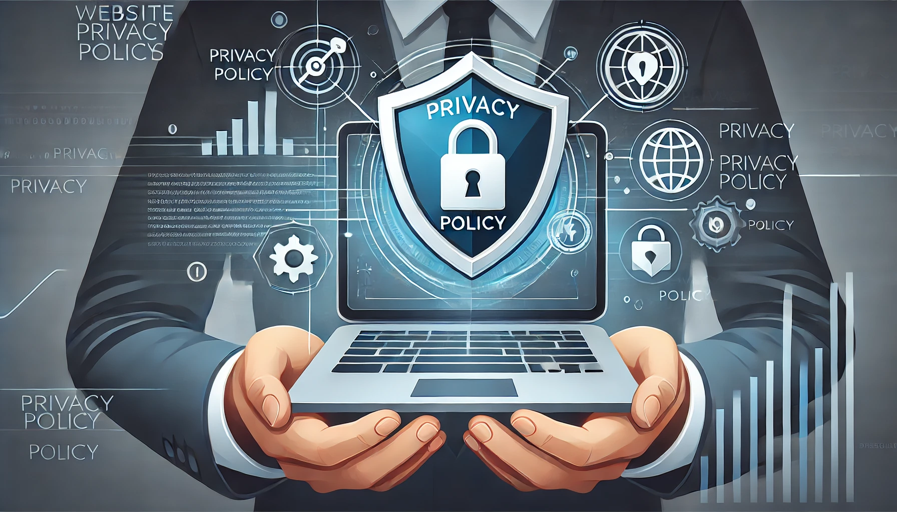 A modern and professional illustration of a secure website interface with a visible 'Privacy Policy' link, featuring a shield and lock icon to symbolize data protection and trust.